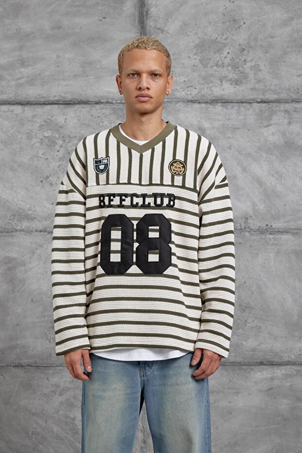 Men's Sweatshirt Striped V-Neck Green Oversize