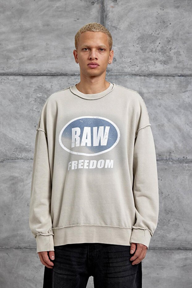 Erkek Krem RAW BASKILI OVERSIZE SWEATSHIRT - 1