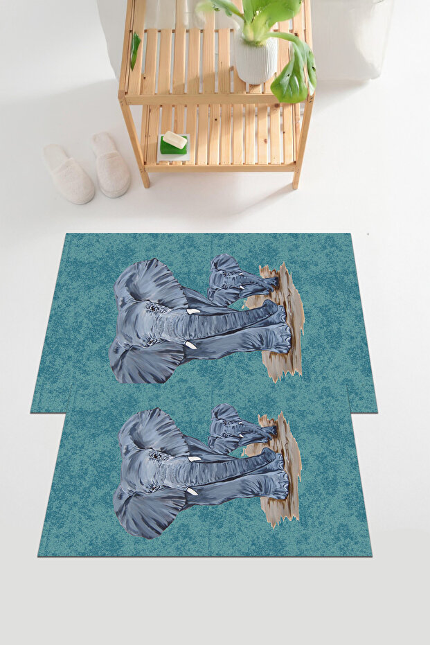 Digital Printed Washable and Non-Slip Based Elephant Patterned Bath Mat Toilet Set