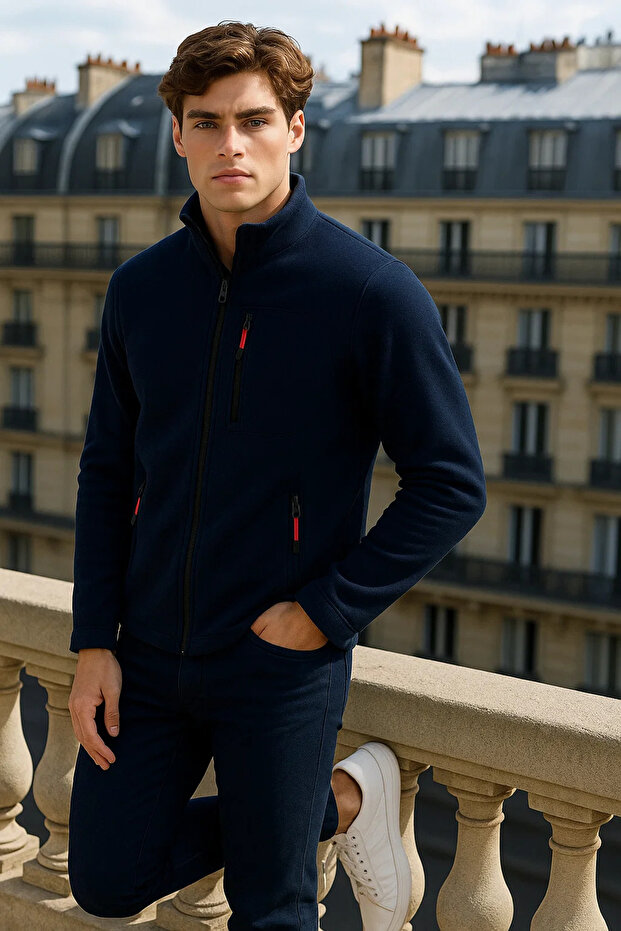 Fleece pentru bărbați cu fermoar basic bleumarin largi - 3