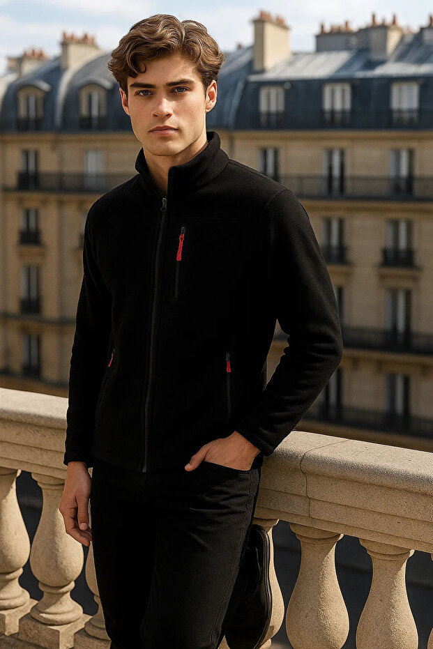 Fleece negru basic pentru bărbați, cu fermoar - 3