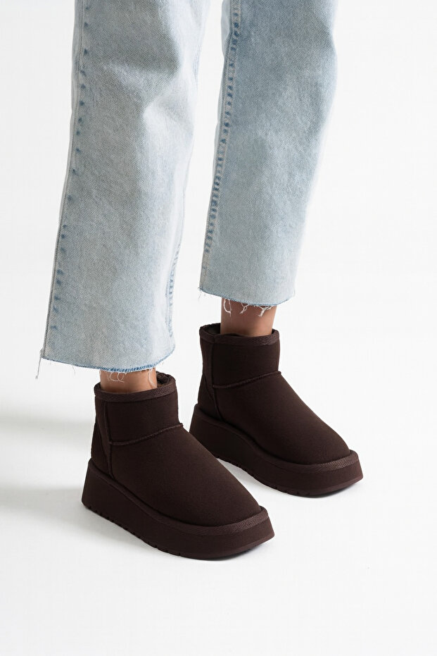 Kadın Acı Kahve Süet Içi Kürklü Kalın Tabanlı Yüksek Topuklu Taban Kışlık Bilekte Kısa Mini Ug Bot - 3