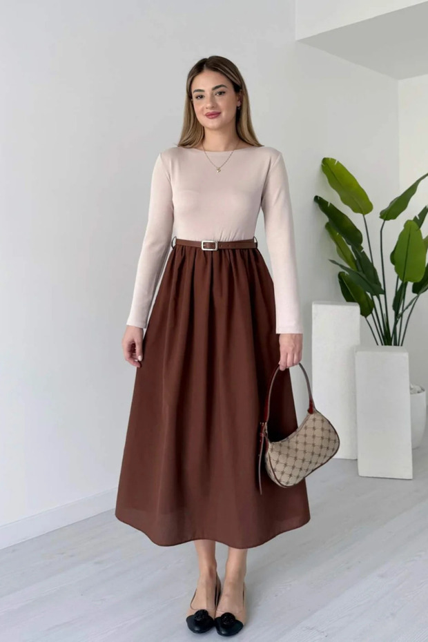 Women's Brown Crew Neck Belt Detailed Combination Dress