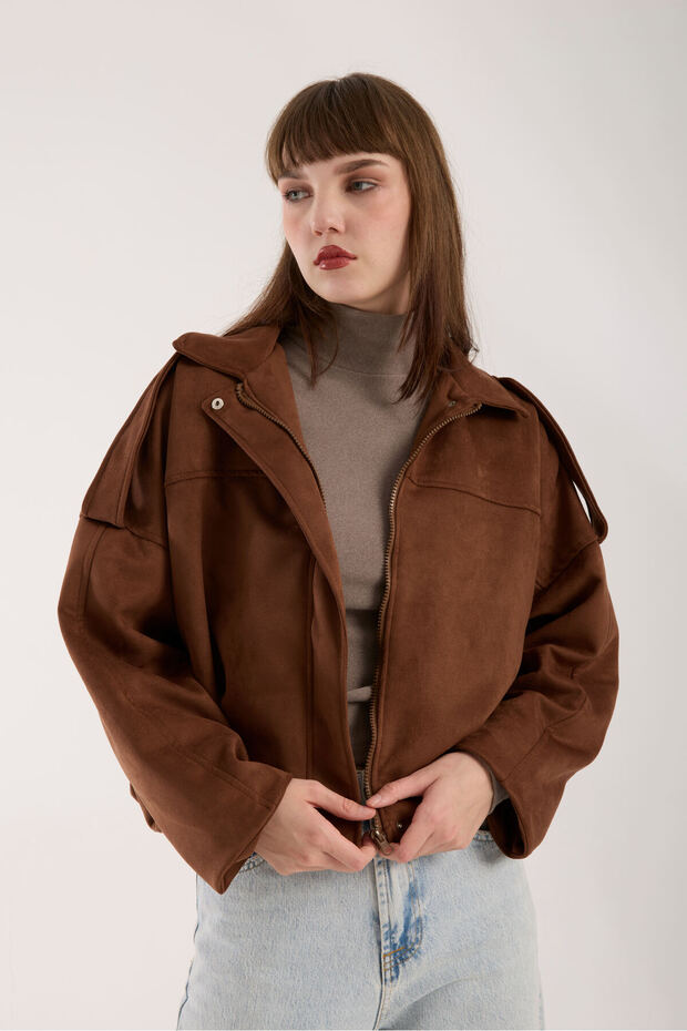 Kadın Taba Cepsiz Süet Oversize Bomber Ceket - 6