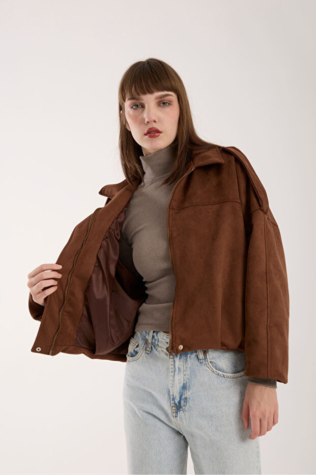 Kadın Taba Cepsiz Süet Oversize Bomber Ceket - 5