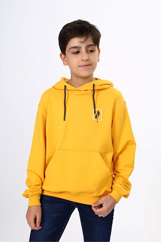 Mustard Boys' Relaxed Fit Hooded Pocket Lightweight Drop Shoulder Printed Sweatshirt - 2 Thread