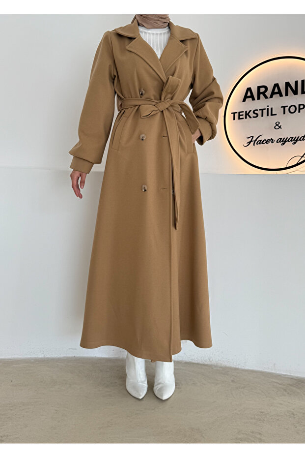 Full Length Hijab Cashmere Coat/Cuffed Belted Cashmere Women's Coat