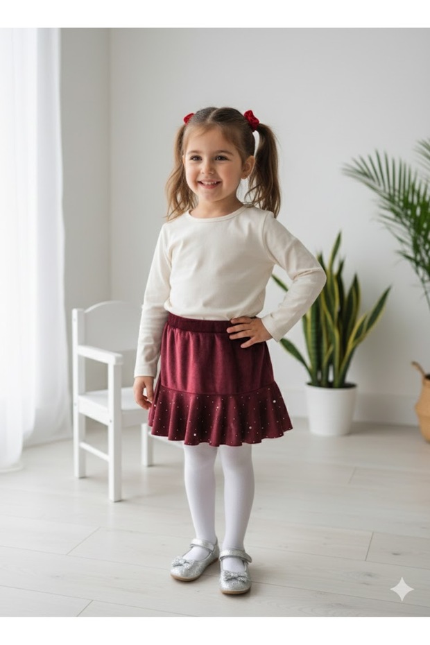 Eid Girl's French Velvet Flounce Skirt Short Mini with Pearls and Stones Elastic Waist Burgundy
