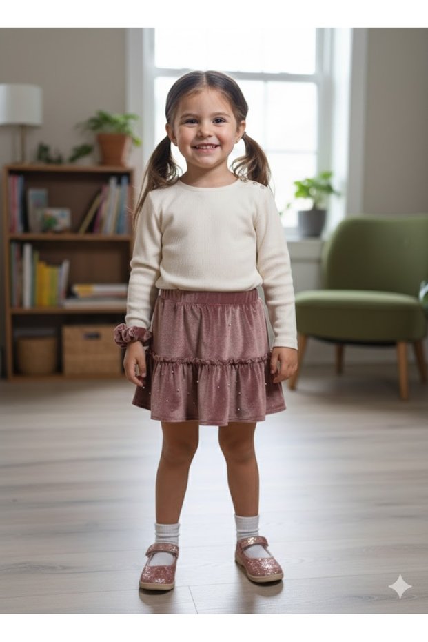 Eid Girl's French Velvet Volan Skirt Short Mini Pearl and Stone Decorated Elastic Waist Dusty Rose