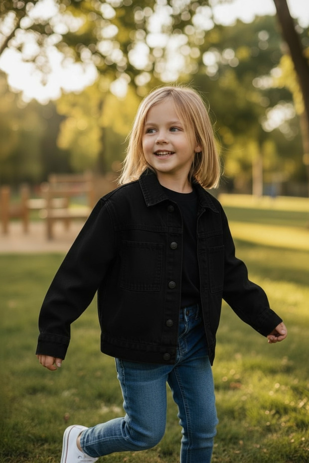 Unisex Children's Cotton Long Sleeve Pocket Detailed Denim Jacket
