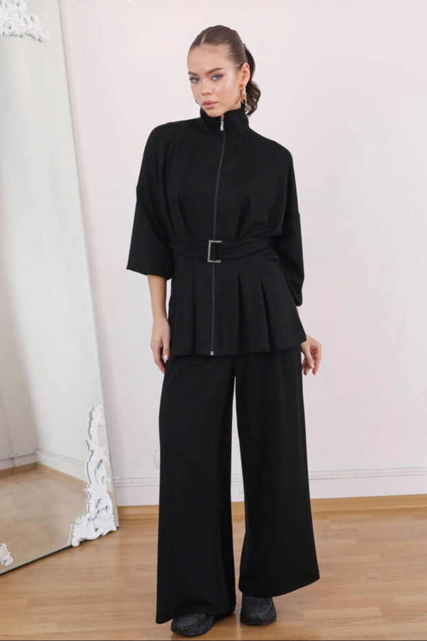 Women's Black Pleated Zipper Closure Belt Detail Tunic Elastic Waist Trousers Set