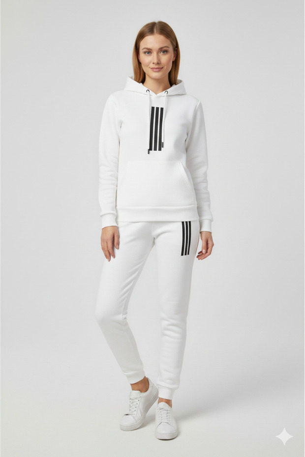 Unisex Line Patterned Bottom Top Set Men/Women Hooded