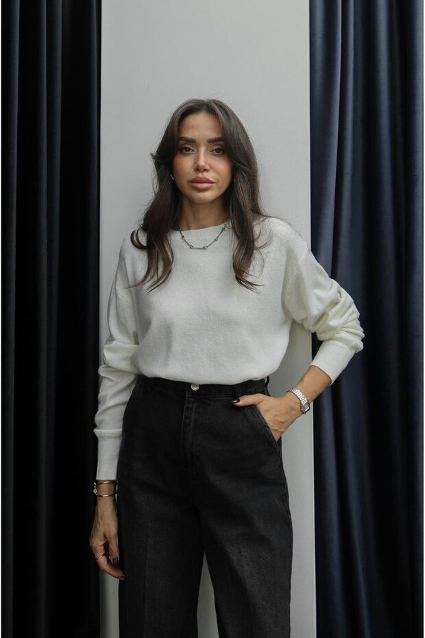 Ecru Wool Basic Knit Sweater - 1