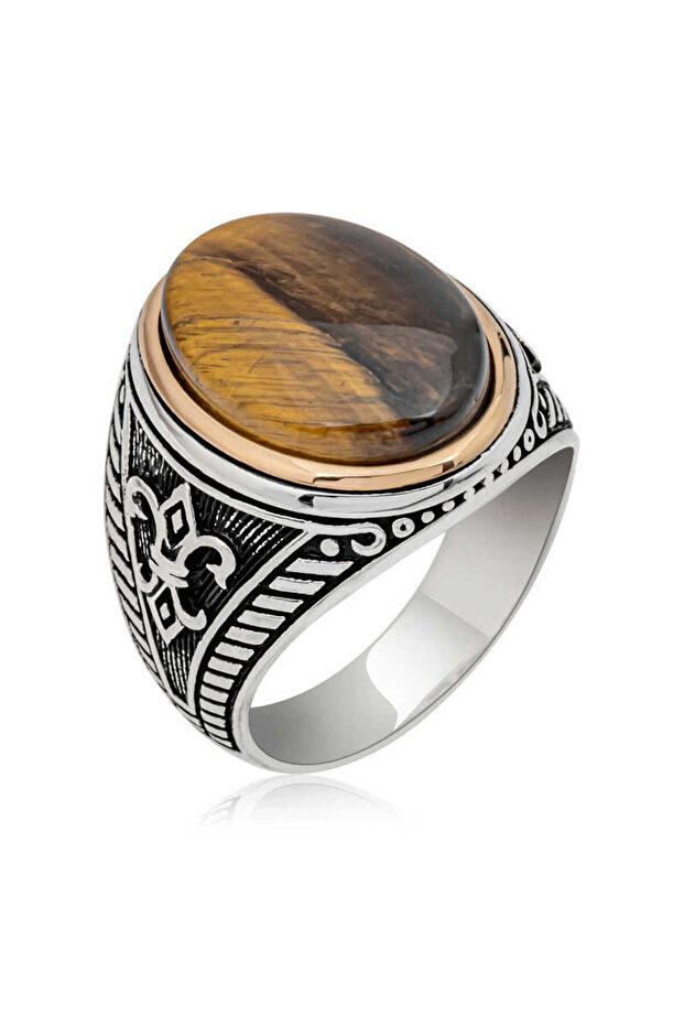 Silver Tiger Eye Jewelled Oval Men's Ring