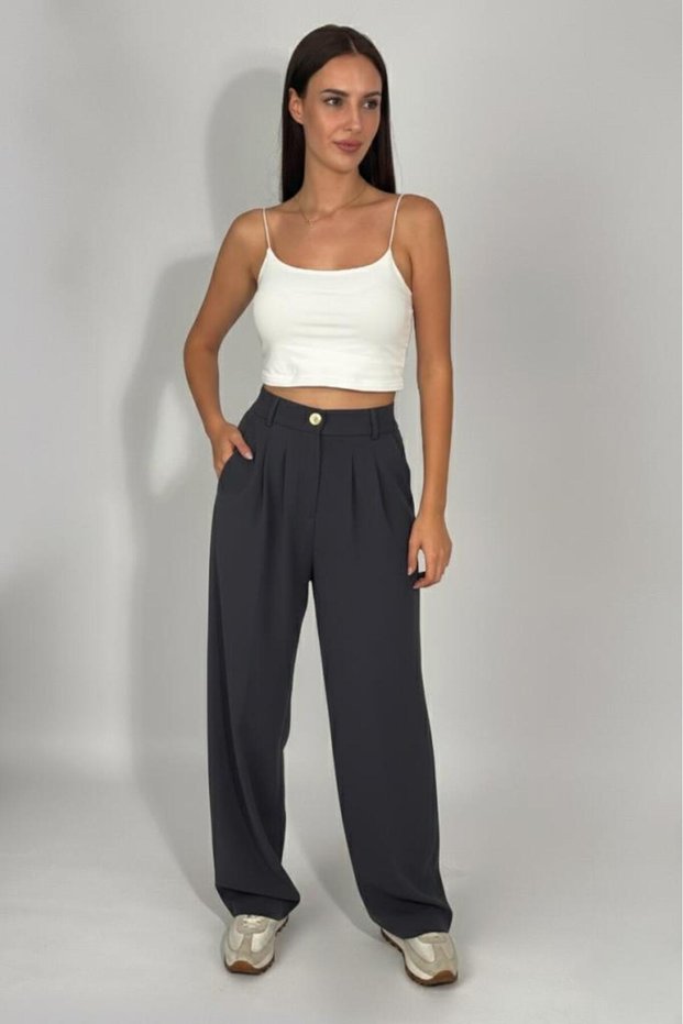 Women's Buttoned Pocket Wide Leg Pleated Palazzo Pants Anthracite