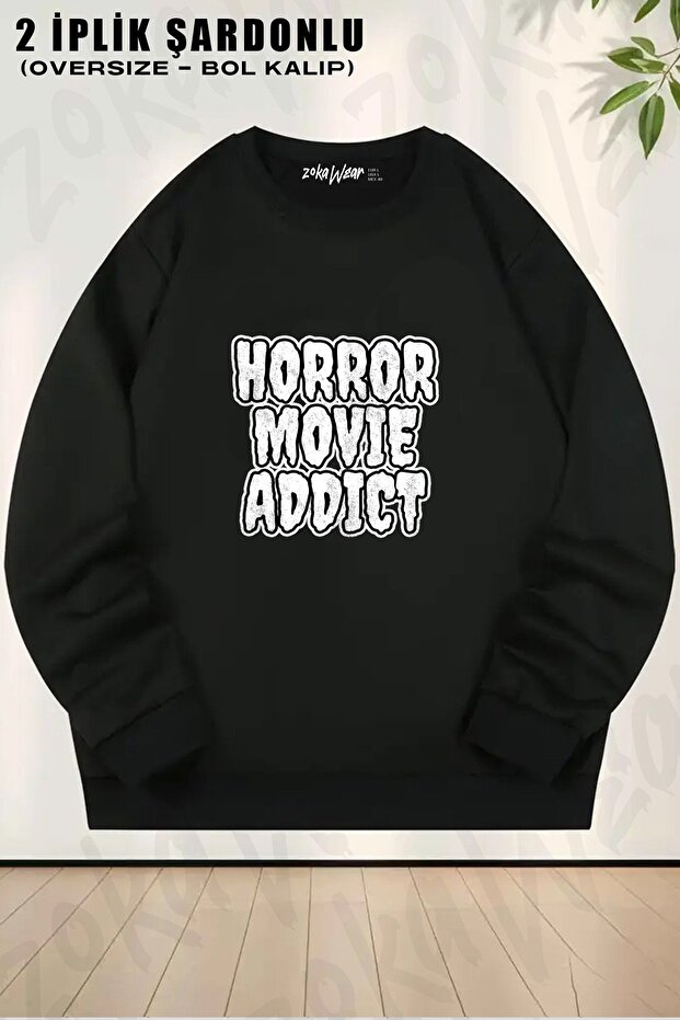 Unisex Horror Movie Addict Printed Oversized Crew Neck Sweatshirt