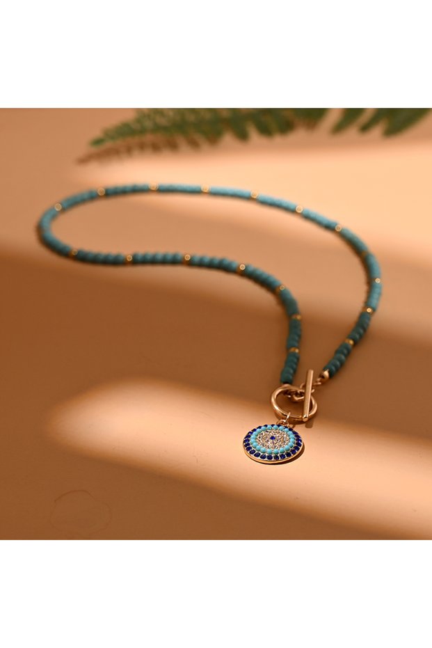 23ky310-blue 2 4mm Colorful Stone Choker Necklace for Women Round Evil Charm Pendant Necklace Fashio