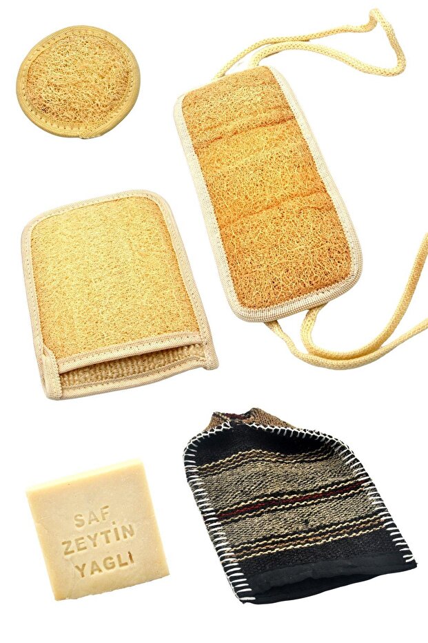 5-Piece Bath Hammam Scrub Set Natural Loofah Fiber Face + Body + Back + Soap + Scrub // Set10