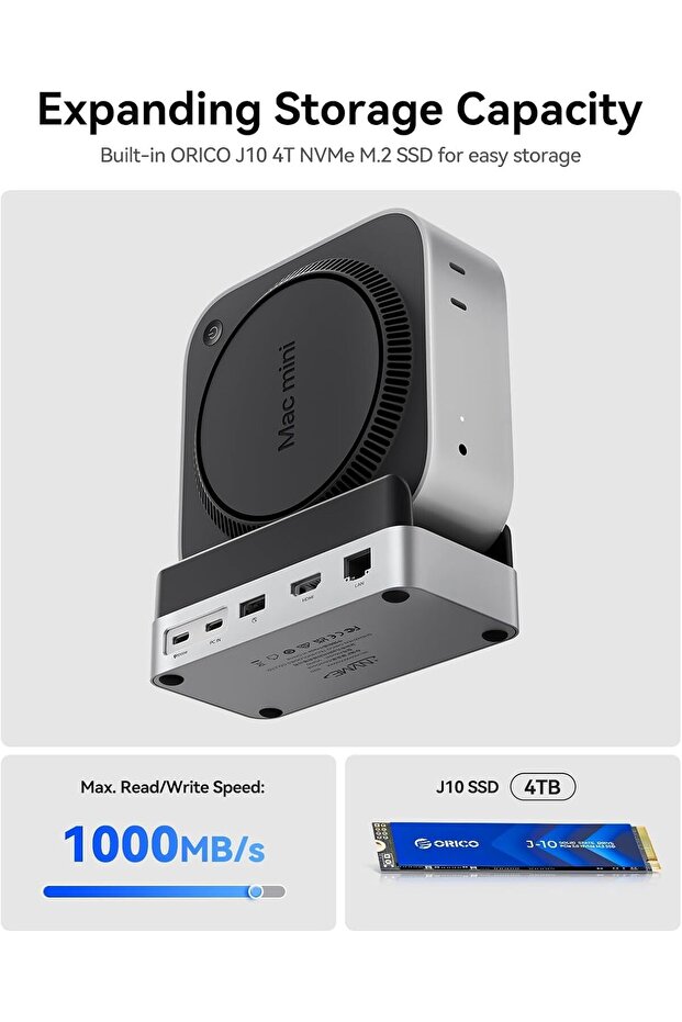 MiniDock for Mac Mini M4 — 10-in-1 Aluminum USB-C Hub with M.2 SSD Enclosure, 10Gbps USB-C & - 4