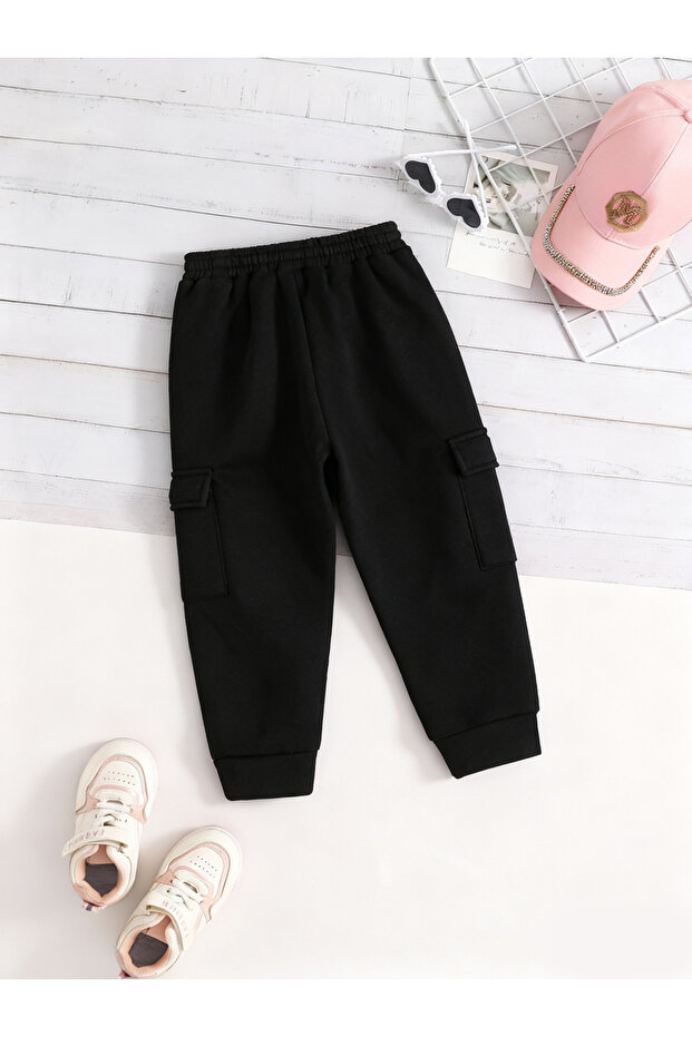 بنطال رياضي أسود سادة مع جيوب - 2