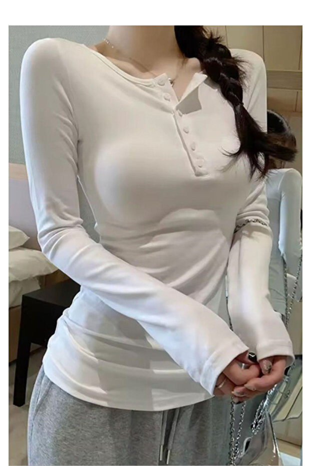 Buttoned Half Collar Long Sleeve Basic Blouse - 1