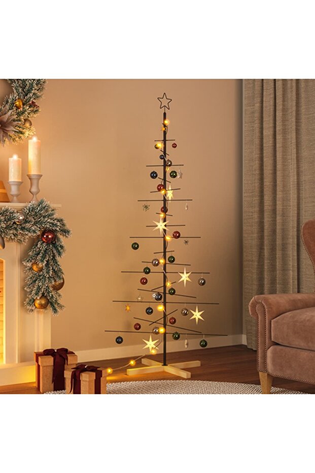 Metal Christmas Tree with Wooden Base Black 180 cm