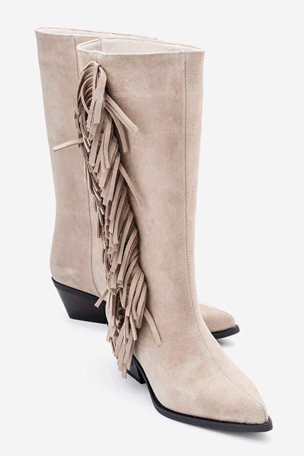 Orlo Beige Suede Genuine Leather Tasseled Women's Western Boots