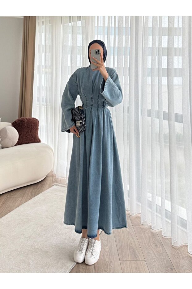 Women's Side Buckle Back Tie Denim Dress-Waist Adjustable Jeans Dress