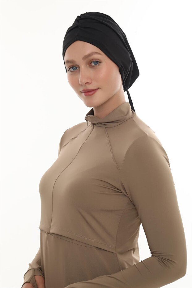 Black Practical Ready-To-Wear Snap-On Sea Pool Cap Swimmy Draped 2509_01
