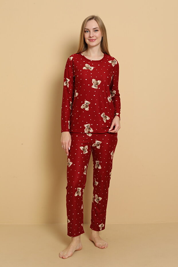 Süet Ayıcık ve Kalp Desenli Uzun Kollu Pijama Takımı - 1