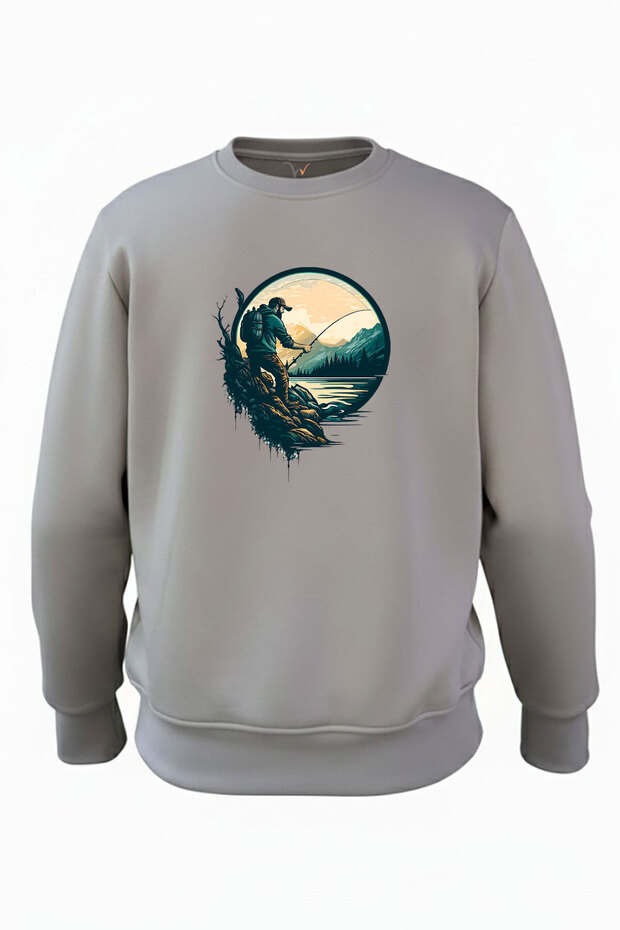 Fishing and Nature with Fishing Rod Printed Regular Fit 3 Thread Ş Fleece-Lined 100% Cotton Sweatshirt