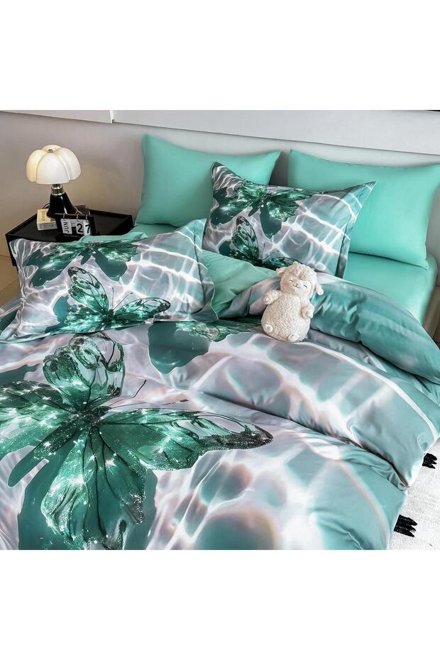 Bedding set, 5D print, with elastic, 140x200cm, 4 pieces, Butterfly, Green - 3