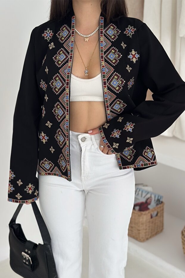 Black Ethnic Patterned Embroidered Cotton Jacket