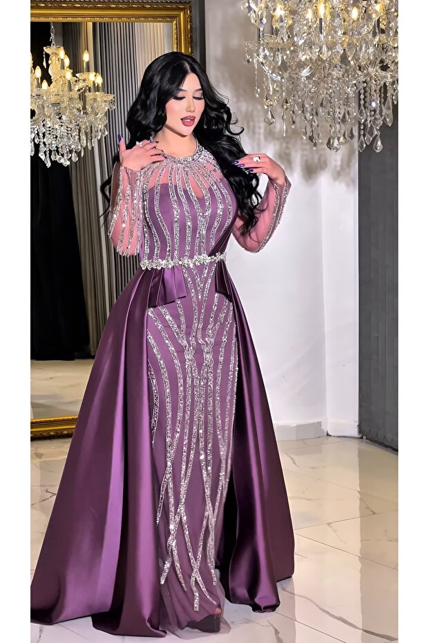 Stone Embroidered Tulle Sleeves Satin Tail Detailed Mermaid Cut Evening Dress