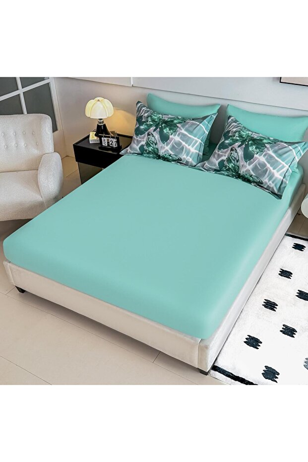 Bedding set, 5D print, with elastic, 140x200cm, 4 pieces, Butterfly, Green - 4