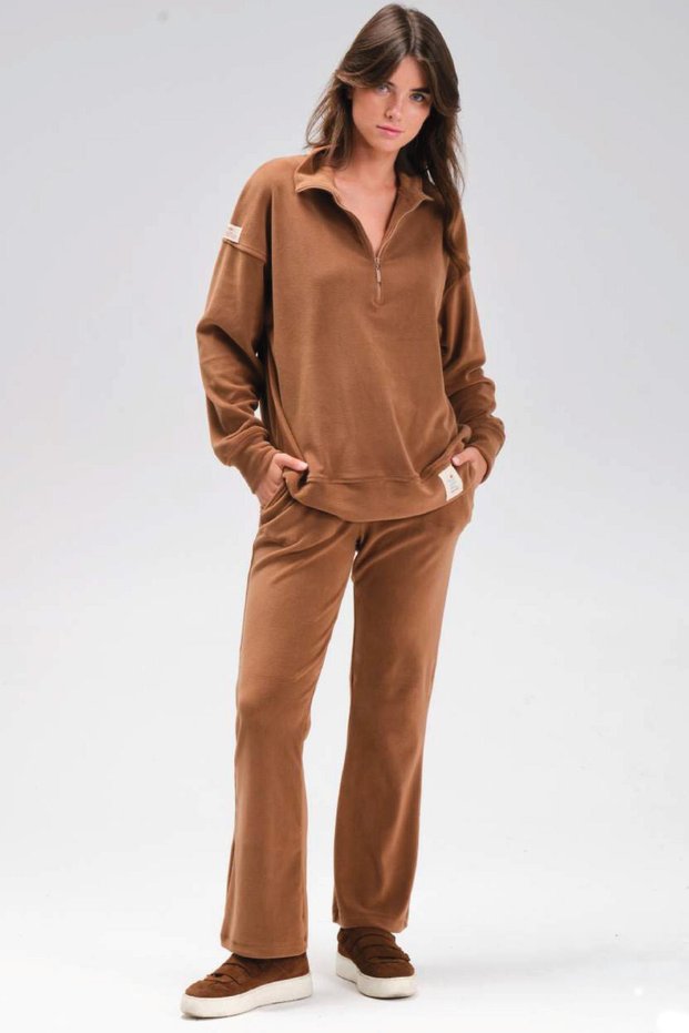 Women's Long Sleeve Half Zip Flared Brown Fleece Tracksuit Suit C4T2N1