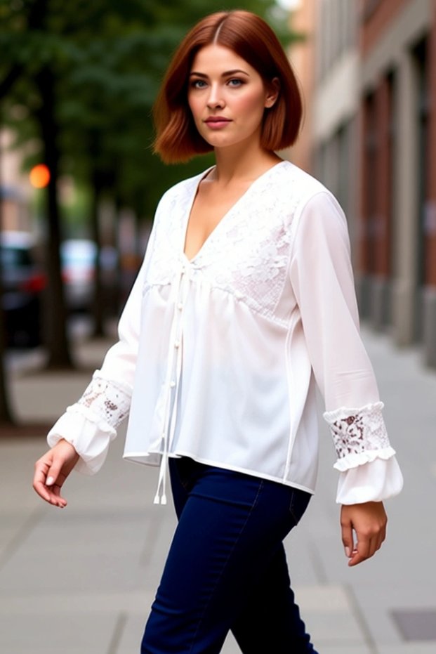 Plus Size V-Neck Balloon Sleeve Detailed Lace Woven Women's Blouse Quality Stylish Comfortable Modern Elegant