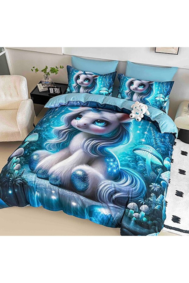 5D bedding set, 6 pieces, with elastic, Digital print, with elastic, 180x200cm, Unicorn - 2