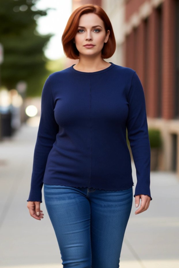 Women's Crew Neck Corded Fabric Knitted Ribbed Knit Blouse Cool & Comfort Collection Daily Use