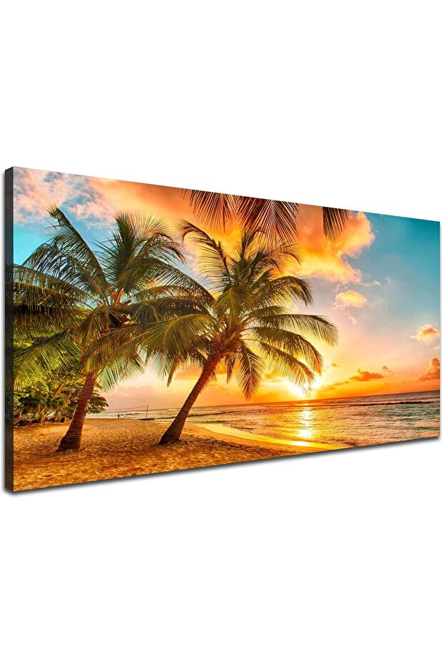 Ocean Beach Palm Sunset Large Wall Art Tropical Landscape Canvas 60x120 cm Wrap Framed