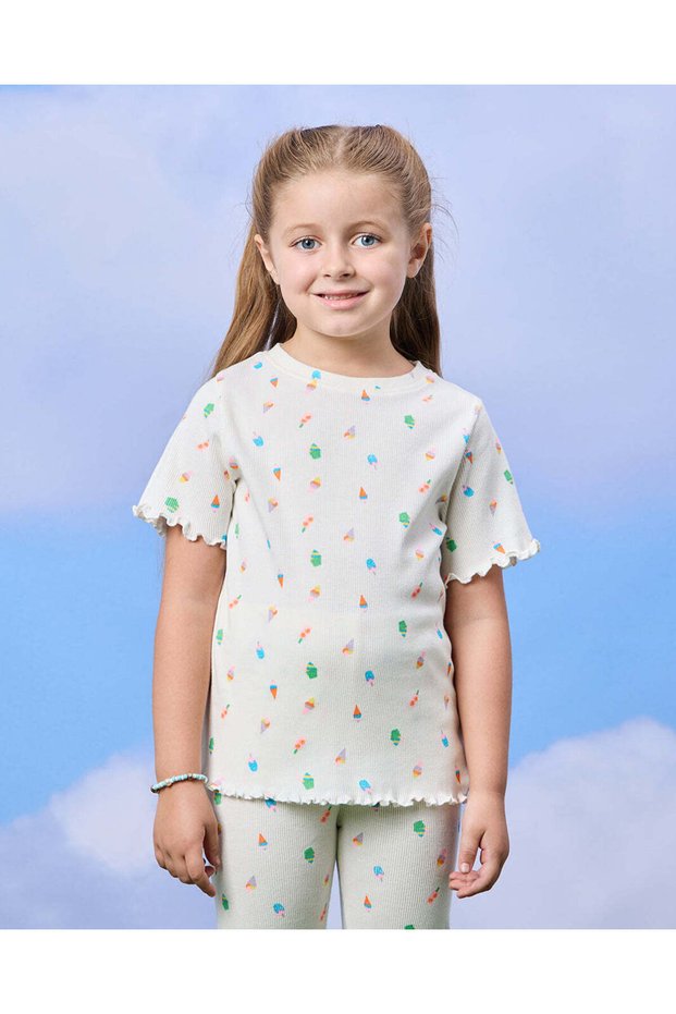Girls Ivory Ice Cream Allover Print Rib Frill Sleeve T-Shirt