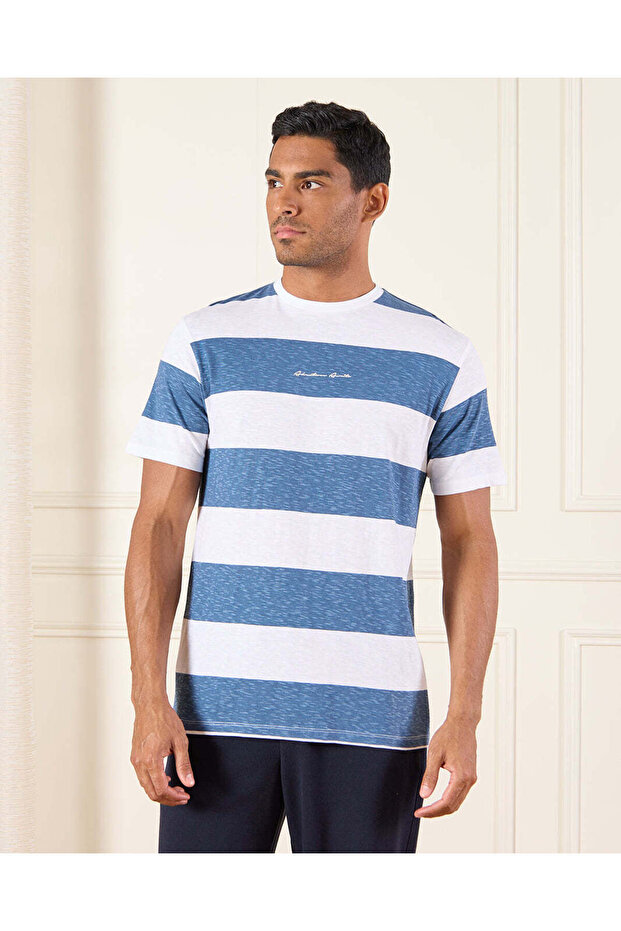 Men White And Blue Striped T-Shirt