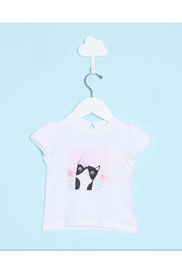 Infant Girls White Cat Print T-Shirt