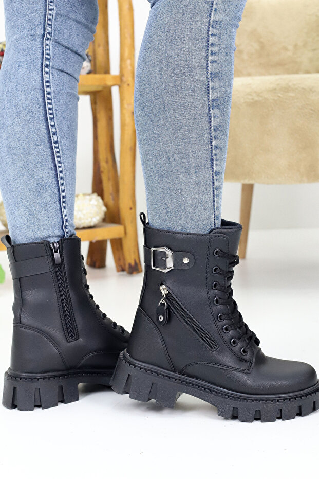 Women's Lace-Up Zippered Buckle Thick Sole Boots Winter Waterproof 504