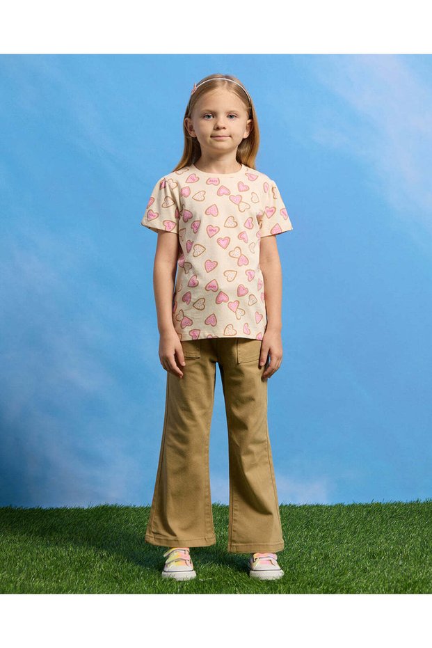 Girls Beige Heart Print T-Shirt