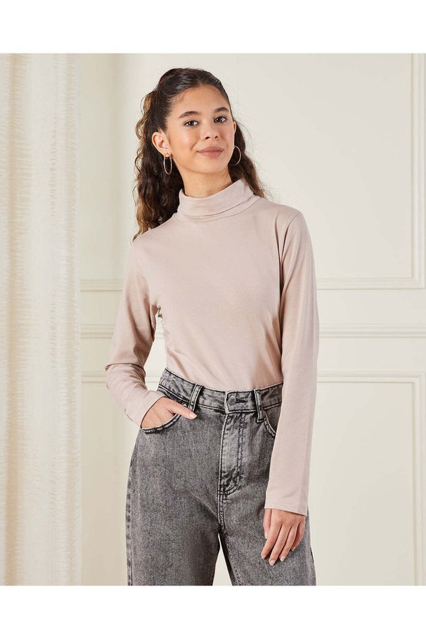 Senior Girls Beige Turtle Neck T-Shirt