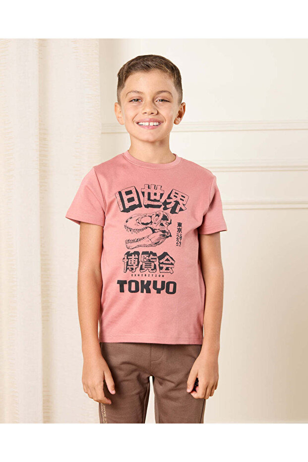 Boys Pink Dino Print Graphic T-Shirt