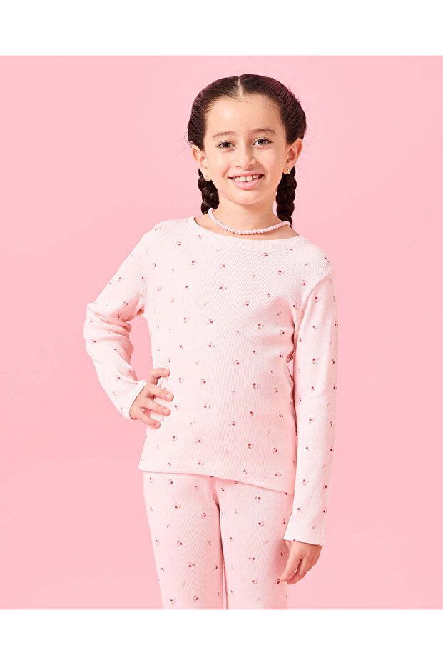 Girls Cream Cherry All Over Print Ribbed T-Shirt