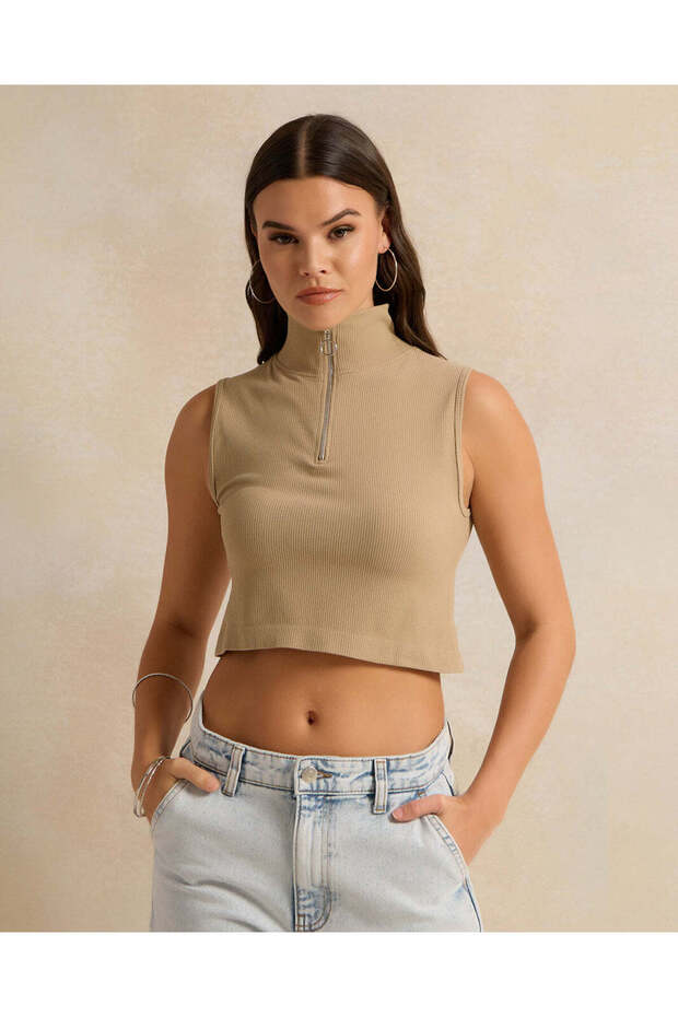 Women Beige Ribbed High Neck T-Shirt