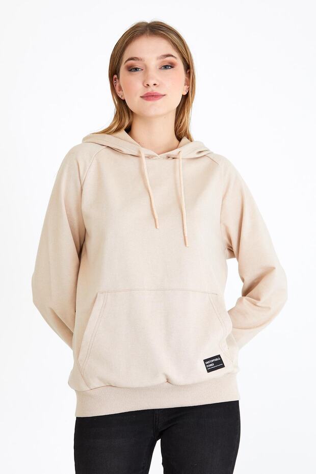 Kadın Bej Kapüşonlu Basic Örme Sweatshirt - 2